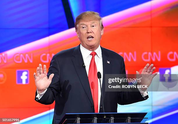 Republican presidential hopeful Donald Trump at the Republican Presidential Debate, hosted by CNN, at The Venetian Las Vegas on December 15, 2015 in...