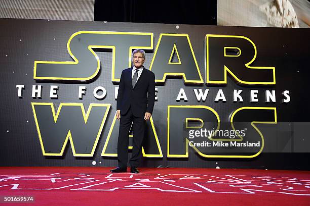 Harrison Ford attends the European Premiere of "Star Wars: The Force Awakens" at Leicester Square on December 16, 2015 in London, England.