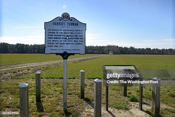 View of the Harriet Tubman Historical Marker at Brodess Farm in Cambridge, MD on March 5, 2013. Though the farm has been historically recognized as...