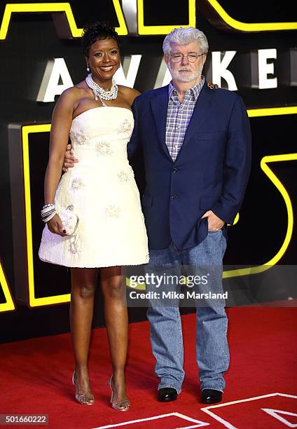 George Lucas and Mellody Hobson attend the European Premiere of "Star Wars: The Force Awakens" at Leicester Square on December 16, 2015 in London,...