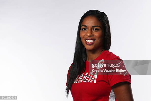 Rugby player Magali Harvey poses for a portrait at the Team Canada Rio 2016 Media Summit shoot at the Hilton Hotel on December 10, 2015 in Toronto,...