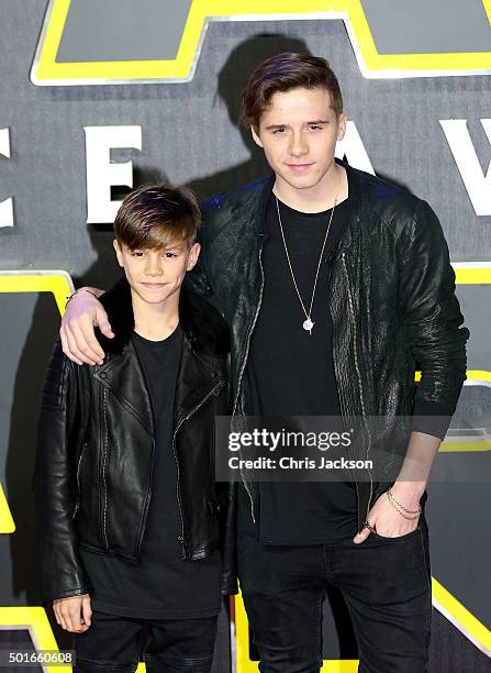 Romeo Beckham and Brooklyn Beckham attend the European Premiere of "Star Wars: The Force Awakens" at Leicester Square on December 16, 2015 in London,...