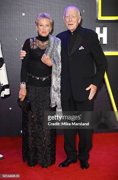 Max von Sydow and Catherine Brelet attend the European Premiere of "Star Wars: The Force Awakens" at Leicester Square on December 16, 2015 in London,...