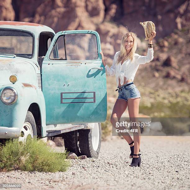 cowgirl fashion, beauty with her oldtimer - retro cowgirl stock pictures, royalty-free photos & images