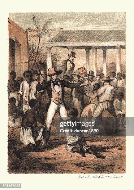 history of slavery - plantation master at the slave market - slave auction stock illustrations