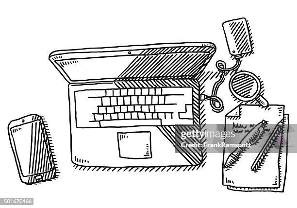 work desk laptop overhead view drawing - external hard disk drive stock illustrations