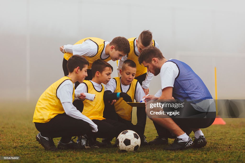 Coach Giving Instruction To His Kids Soccer Team.