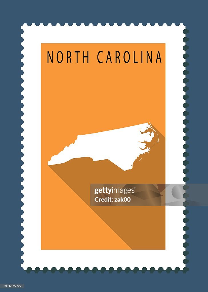 North Carolina Map on Orange Background, Long Shadow, Flat Design