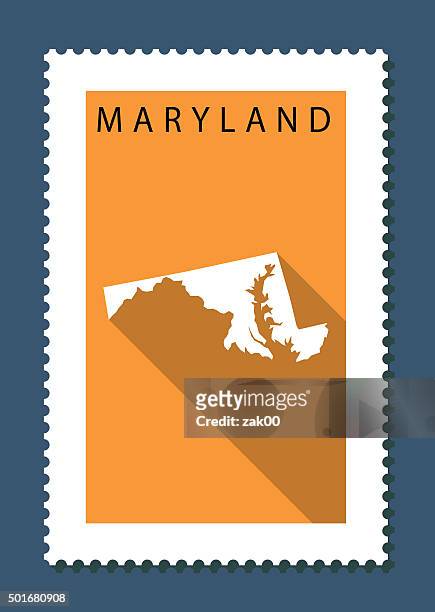 maryland-karte auf orange hintergrund, lange schatten, flat-design, stempel - maryland us state stock-grafiken, -clipart, -cartoons und -symbole