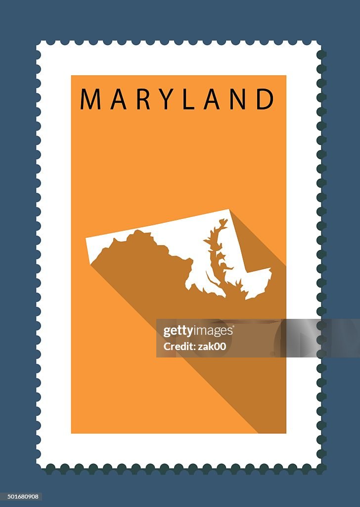 Maryland Map on Orange Background, Long Shadow, Flat Design,stamp