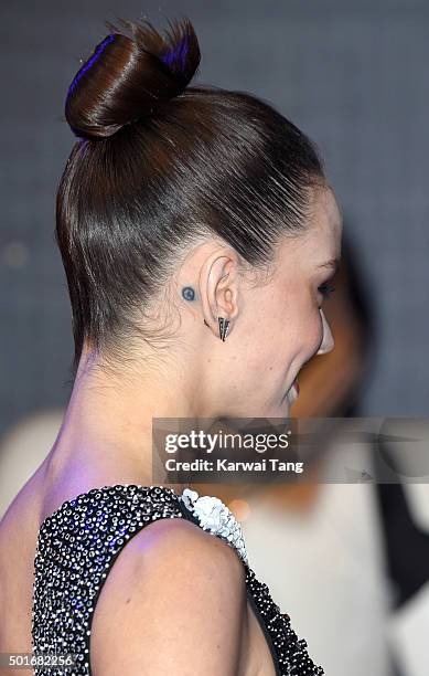 Daisy Ridley, tattoo detail, attends the European Premiere of "Star Wars: The Force Awakens" at Leicester Square on December 16, 2015 in London,...