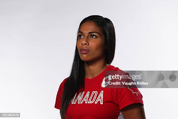 Rugby player Magali Harvey poses for a portrait at the Team Canada Rio 2016 Media Summit shoot at the Hilton Hotel on December 10, 2015 in Toronto,...