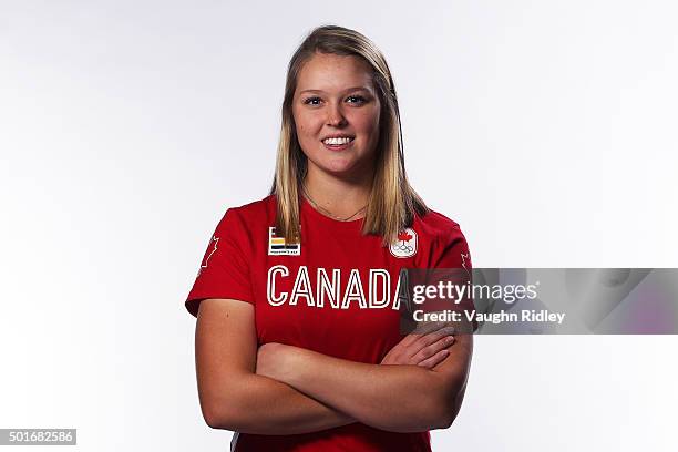 Golfer Brooke Henderson poses for a portrait at the Team Canada Rio 2016 Media Summit shoot at the Hilton Hotel on December 10, 2015 in Toronto,...