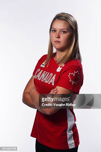 Golfer Brooke Henderson poses for a portrait at the Team Canada Rio 2016 Media Summit shoot at the Hilton Hotel on December 10, 2015 in Toronto,...