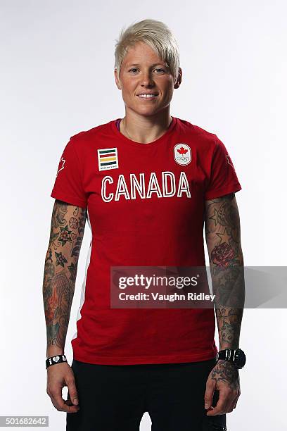 Rugby player Jen Kish poses for a portrait at the Team Canada Rio 2016 Media Summit shoot at the Hilton Hotel on December 10, 2015 in Toronto,...