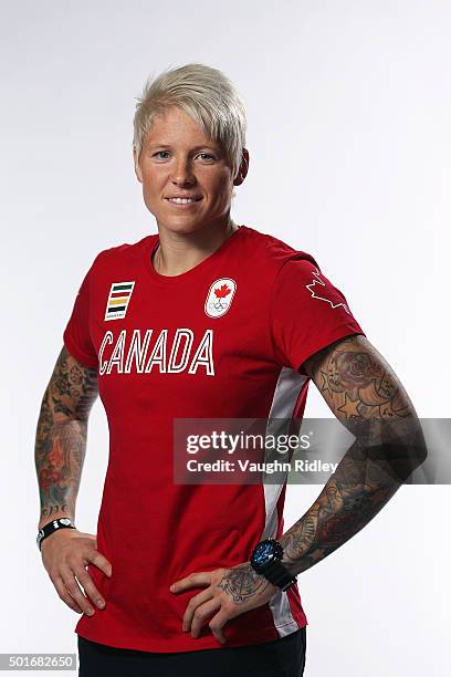 Rugby player Jen Kish poses for a portrait at the Team Canada Rio 2016 Media Summit shoot at the Hilton Hotel on December 10, 2015 in Toronto,...