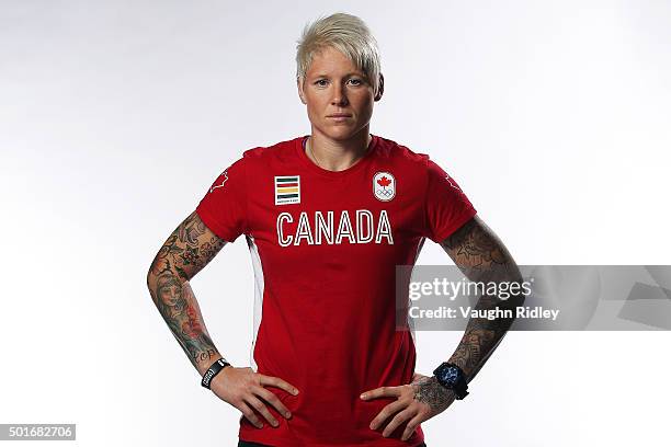 Rugby player Jen Kish poses for a portrait at the Team Canada Rio 2016 Media Summit shoot at the Hilton Hotel on December 10, 2015 in Toronto,...