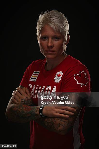 Rugby player Jen Kish poses for a portrait at the Team Canada Rio 2016 Media Summit shoot at the Hilton Hotel on December 10, 2015 in Toronto,...