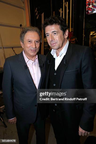 Presenter of the show Michel Drucker and Main Guest of the Show, Singer Patrick Bruel attend the 'Vivement Dimanche' French TV Show at Pavillon...