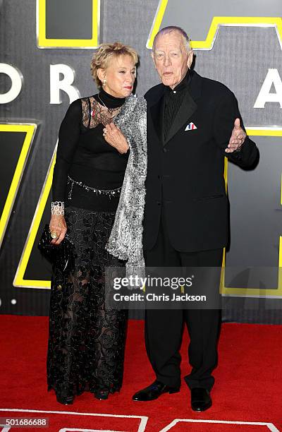 Catherine Brelet and Max Von Sydow attend the European Premiere of "Star Wars: The Force Awakens" at Leicester Square on December 16, 2015 in London,...