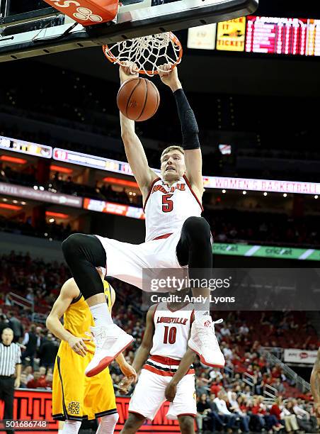 Matz Stockman of the Louisville Cardinals dunks the ball during the game against the Kennesaw State Owls at KFC YUM! Center on December 16, 2015 in...