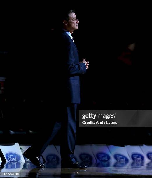 Rick Pitino the head coach of the Louisville Cardinals is introduced before the game against the Kennesaw State Owls at KFC YUM! Center on December...