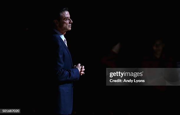 Rick Pitino the head coach of the Louisville Cardinals is introduced before the game against the Kennesaw State Owls at KFC YUM! Center on December...