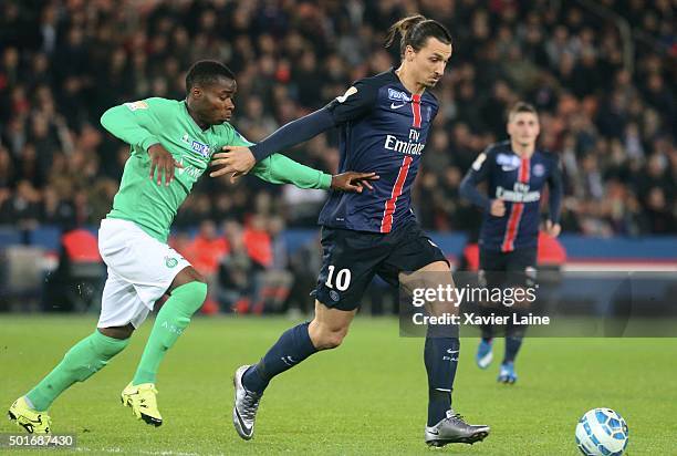 Ruppert-Nathan Dekoke of AS Saint Etienne in action with Zlatan Ibrahimovic of Paris Saint-Germain during the French League Cup between Paris...