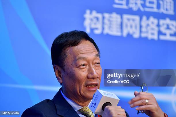 Terry Gou, founder and chairman of Taiwan's Foxconn Technology, speaks during the Cross-Strait & Hong Kong and Macau Internet Development Forum of...