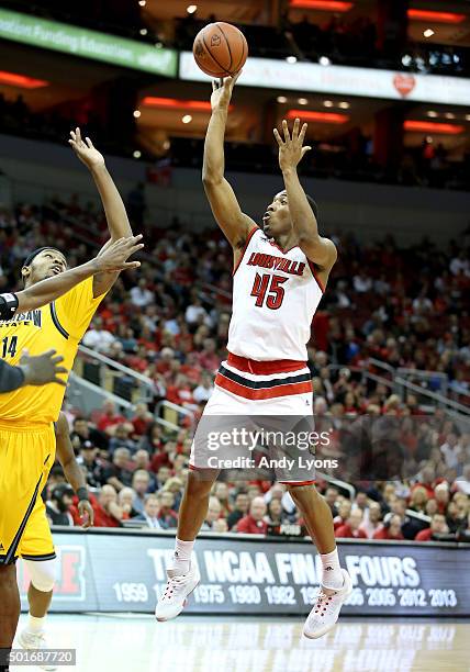 Donovan Mitchell of the Louisville Cardinals shoots the ball during the game against the Kennesaw State Owls at KFC YUM! Center on December 16, 2015...