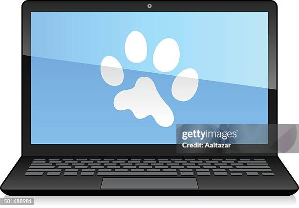 ilustrações, clipart, desenhos animados e ícones de laptop exibindo paw forma - teclado ergonômico