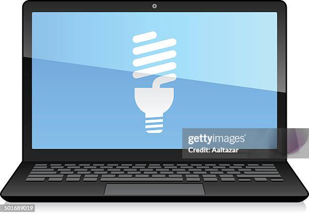 ilustrações, clipart, desenhos animados e ícones de laptop exibindo eco lâmpada - teclado ergonômico