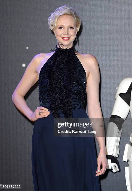 Gwendoline Christie attends the European Premiere of "Star Wars: The Force Awakens" at Leicester Square on December 16, 2015 in London, England.