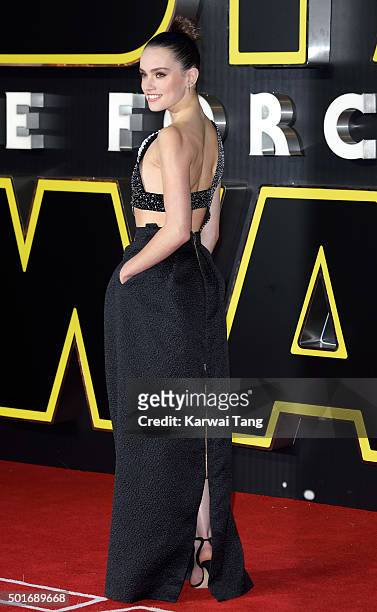 Daisy Ridley attends the European Premiere of "Star Wars: The Force Awakens" at Leicester Square on December 16, 2015 in London, England.