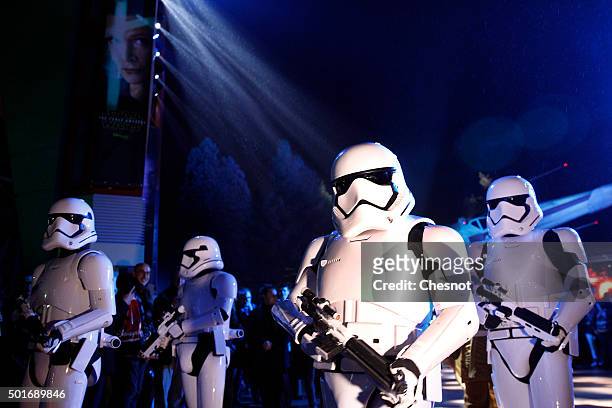 Actors dressed as Stormtrooper characters from "Star Wars : The Force Awakens" walks on Main Street during "Star Wars: Episode VII - The Force...