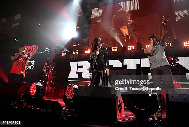 Singer Chloe Angelides performs with recording artists Timothy Thomas and Theron Thomas of R. City onstage during 103.5 KISS FM's Jingle Ball 2015...