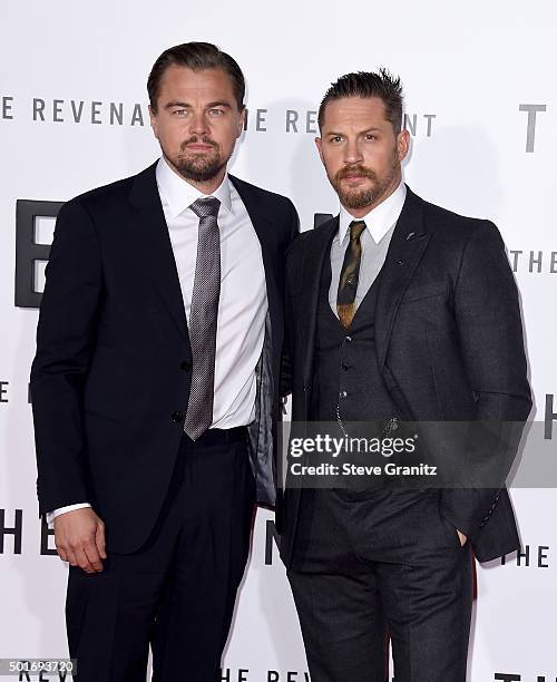 Actors Leonardo DiCaprio and Tom Hardy attend the premiere of 20th Century Fox and Regency Enterprises' "The Revenant" at the TCL Chinese Theatre on...