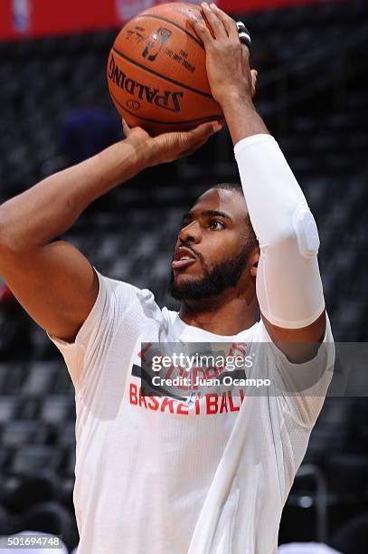 Chris Paul of the Los Angeles Clippers warms up before the game against the Milwaukee Bucks on December 16, 2015 at STAPLES Center in Los Angeles,...