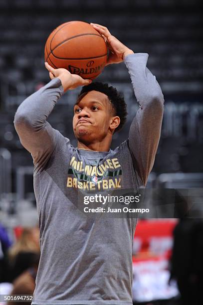 Rashad Vaughn of the Milwaukee Bucks warms up before the game against the Los Angeles Clippers on December 16, 2015 at STAPLES Center in Los Angeles,...