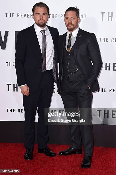 Actors Leonardo DiCaprio and Tom Hardy attend the premiere of 20th Century Fox and Regency Enterprises' "The Revenant" at the TCL Chinese Theatre on...