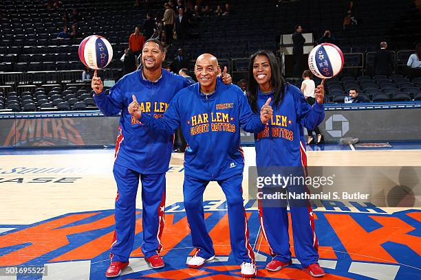 Curly Neal of the Harlem Globetrotters pose with his teammates before the New York Knicks against the Minnesota Timberwolves game on December 16,...