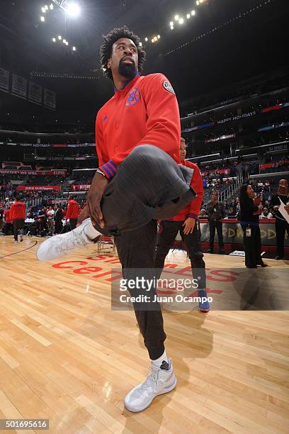 DeAndre Jordan of the Los Angeles Clippers warms up before the game against the Milwaukee Bucks on December 16, 2015 at STAPLES Center in Los...