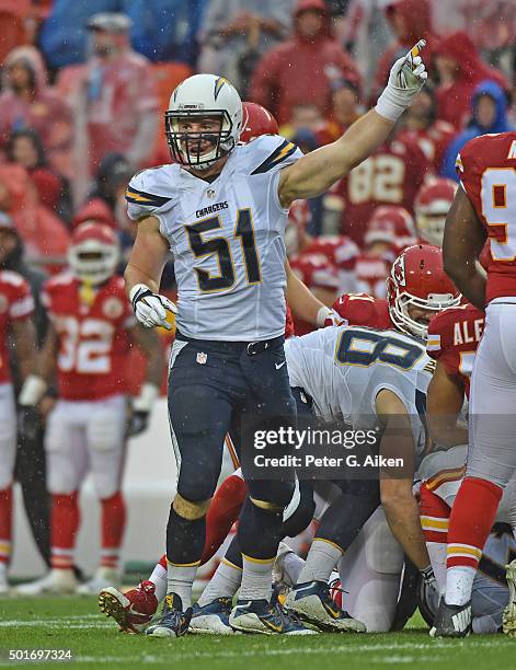 Linebacker Kyle Emanuel of the San Diego Chargers reacts after the Chargers recover a fumble against the Kansas City Chiefs during the first half on...
