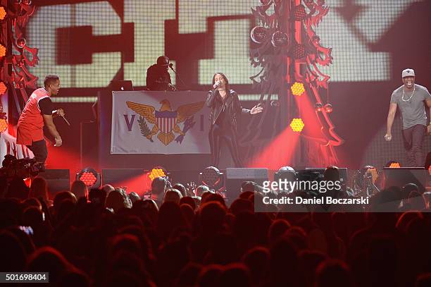 Recording artists Timothy Thomas and Theron Thomas of R. City perform with Chloe Angelides of Fifth Harmony onstage during 103.5 KISS FM's Jingle...