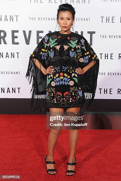 Actress Melaw Nakehk'o arrives at the Los Angeles Premiere "The Revenant" at TCL Chinese Theatre on December 16, 2015 in Hollywood, California.