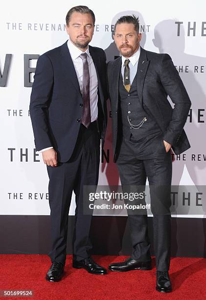 Actors Leonardo DiCaprio and Tom Hardy arrive at the Los Angeles Premiere "The Revenant" at TCL Chinese Theatre on December 16, 2015 in Hollywood,...