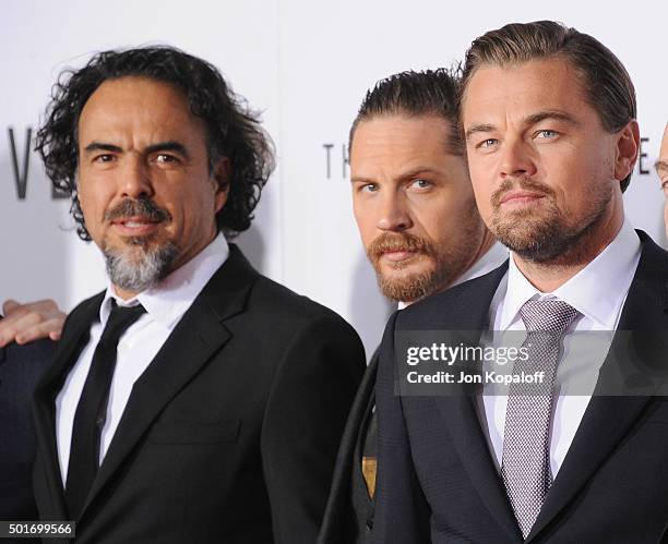 Director Alejandro Gonzalez Inarritu, actor Tom Hardy and actor Leonardo DiCaprio arrive at the Los Angeles Premiere "The Revenant" at TCL Chinese...
