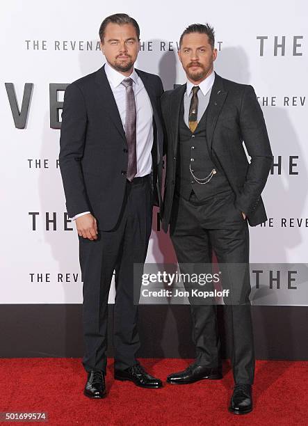 Actors Leonardo DiCaprio and Tom Hardy arrive at the Los Angeles Premiere "The Revenant" at TCL Chinese Theatre on December 16, 2015 in Hollywood,...