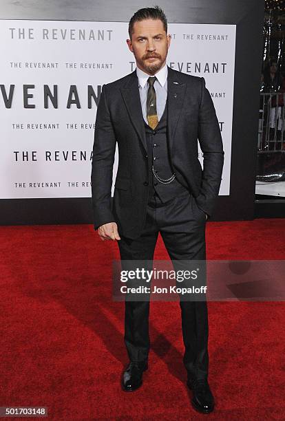 Actor Tom Hardy arrives at the Los Angeles Premiere "The Revenant" at TCL Chinese Theatre on December 16, 2015 in Hollywood, California.