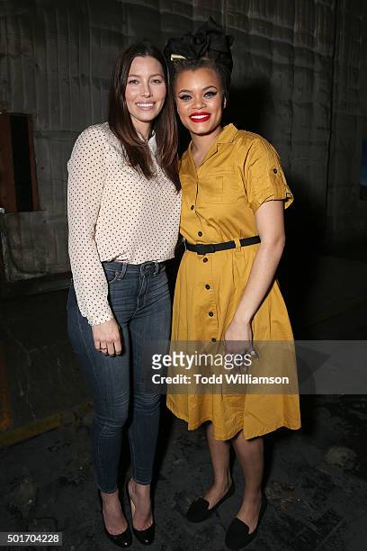 Jessica Biel and Andra Day attend a Celebration of MERU Screening And Reception at RED Studios on December 16, 2015 in Los Angeles, California.